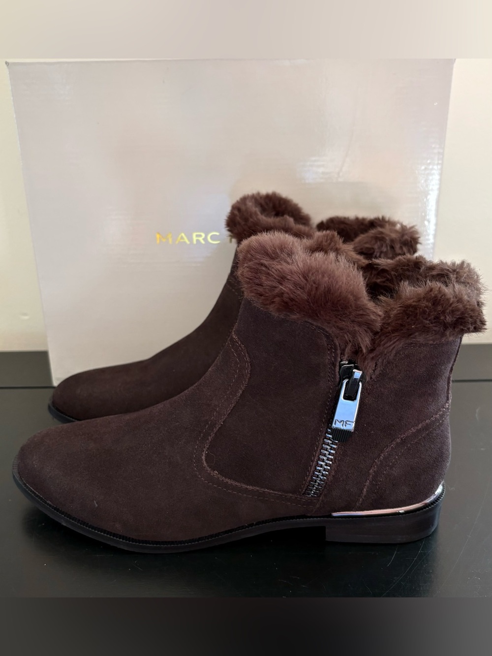 Marc Fisher Fur Trim Brown Suede Ankle Boots Brand New In Box